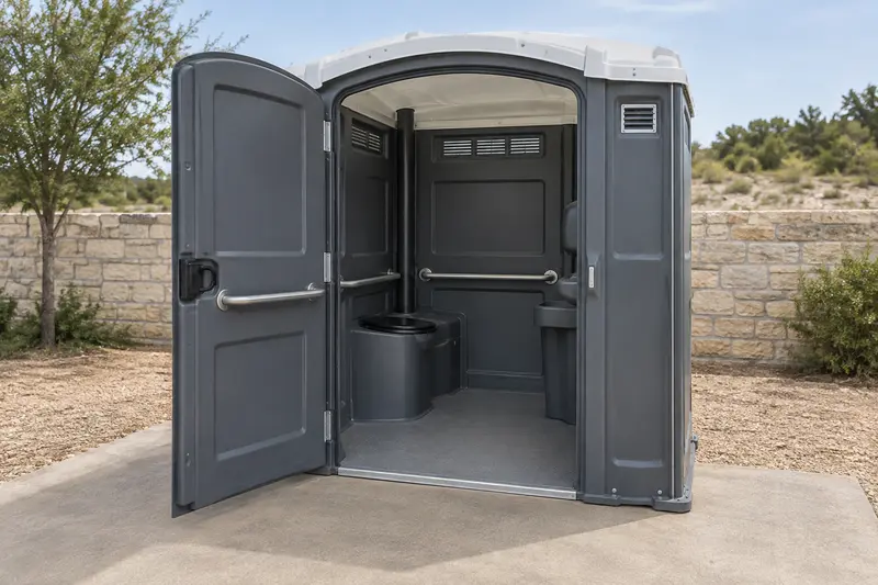 Wide-entry restroom unit with an open doorway
