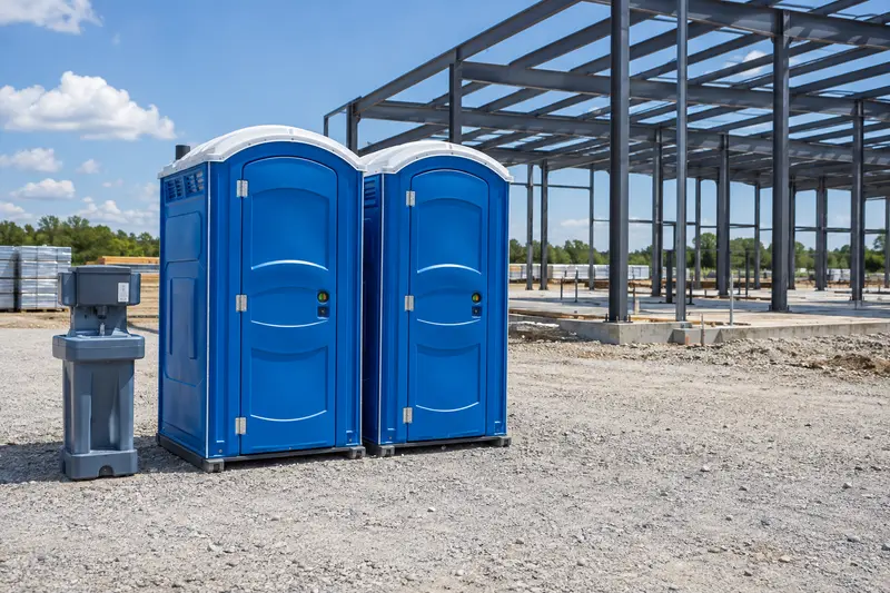 Portable toilet equipment beside a construction project