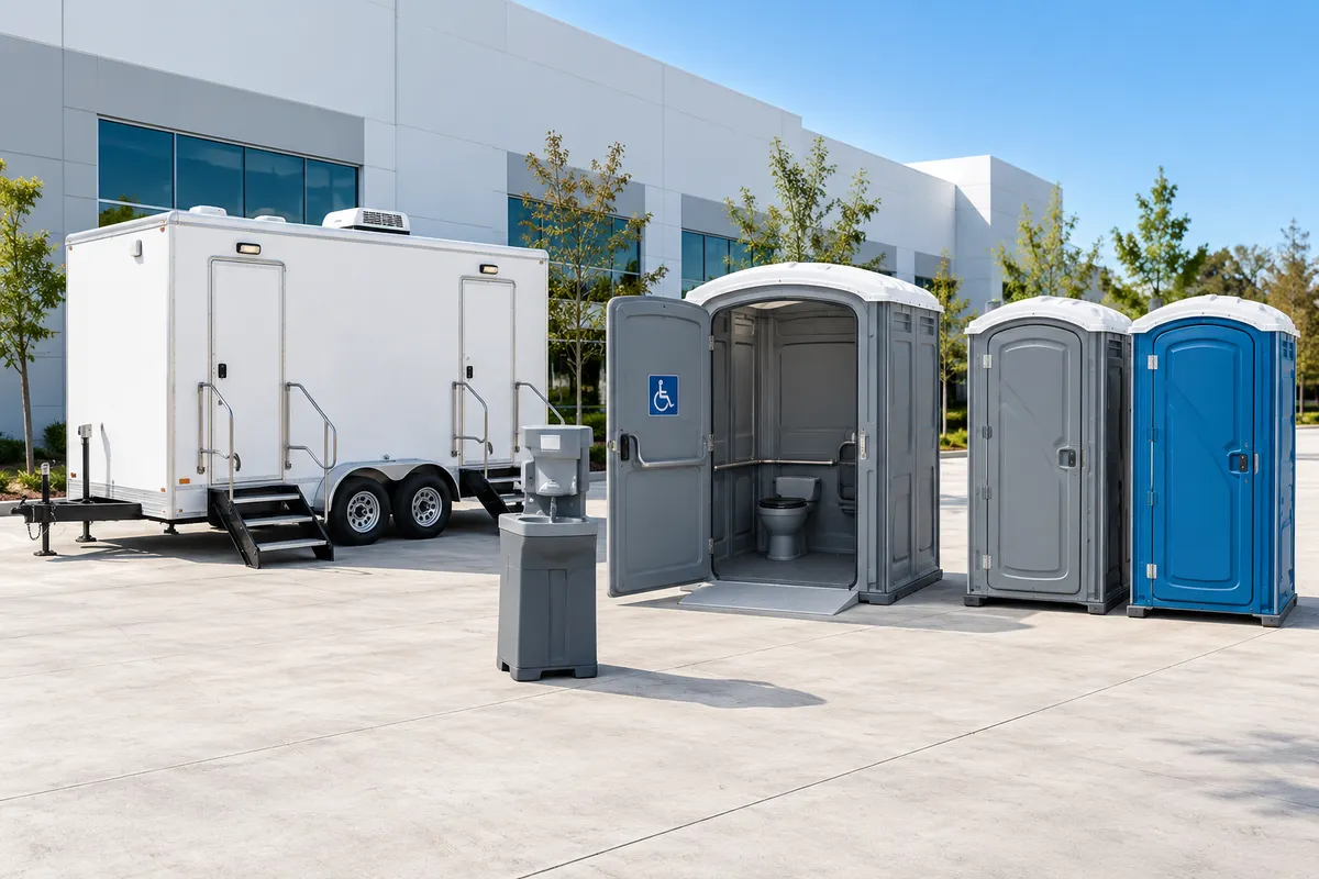 Illustrative restroom equipment: a white trailer, handwashing station, open wide-entry unit and grey and blue toilet cabins