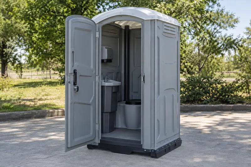 Upgraded portable toilet shown with its interior visible