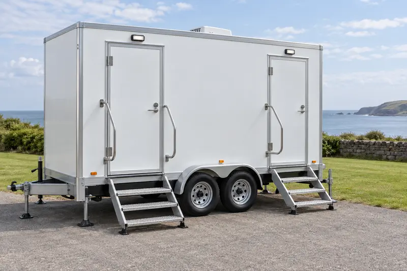 White restroom trailer with entry steps and handrails
